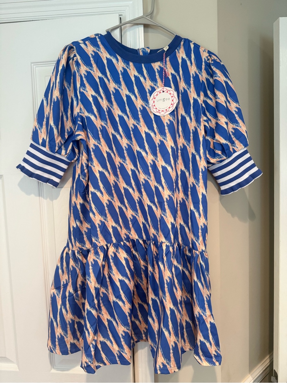 Umgee Blue and Peach Brushstroke Ruffle Dress NWT Women’s size S